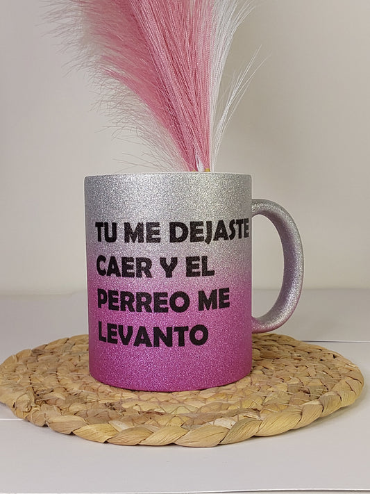 Taza purpurina plata y morado